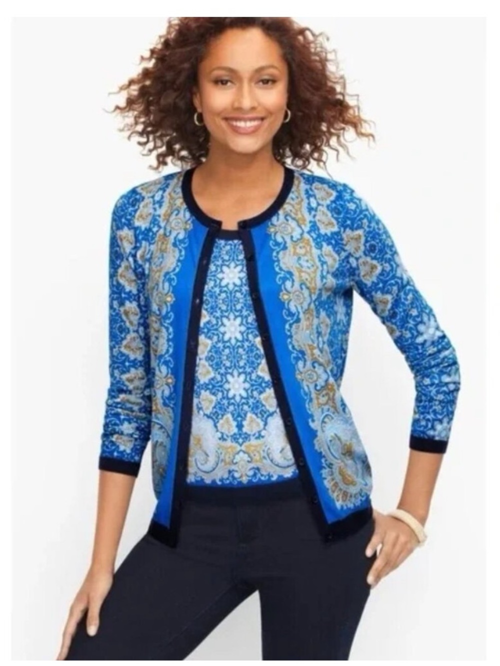 Talbots Charming Cardigan and Tank Set in Breton Blue Paisley - Size 2X Petite